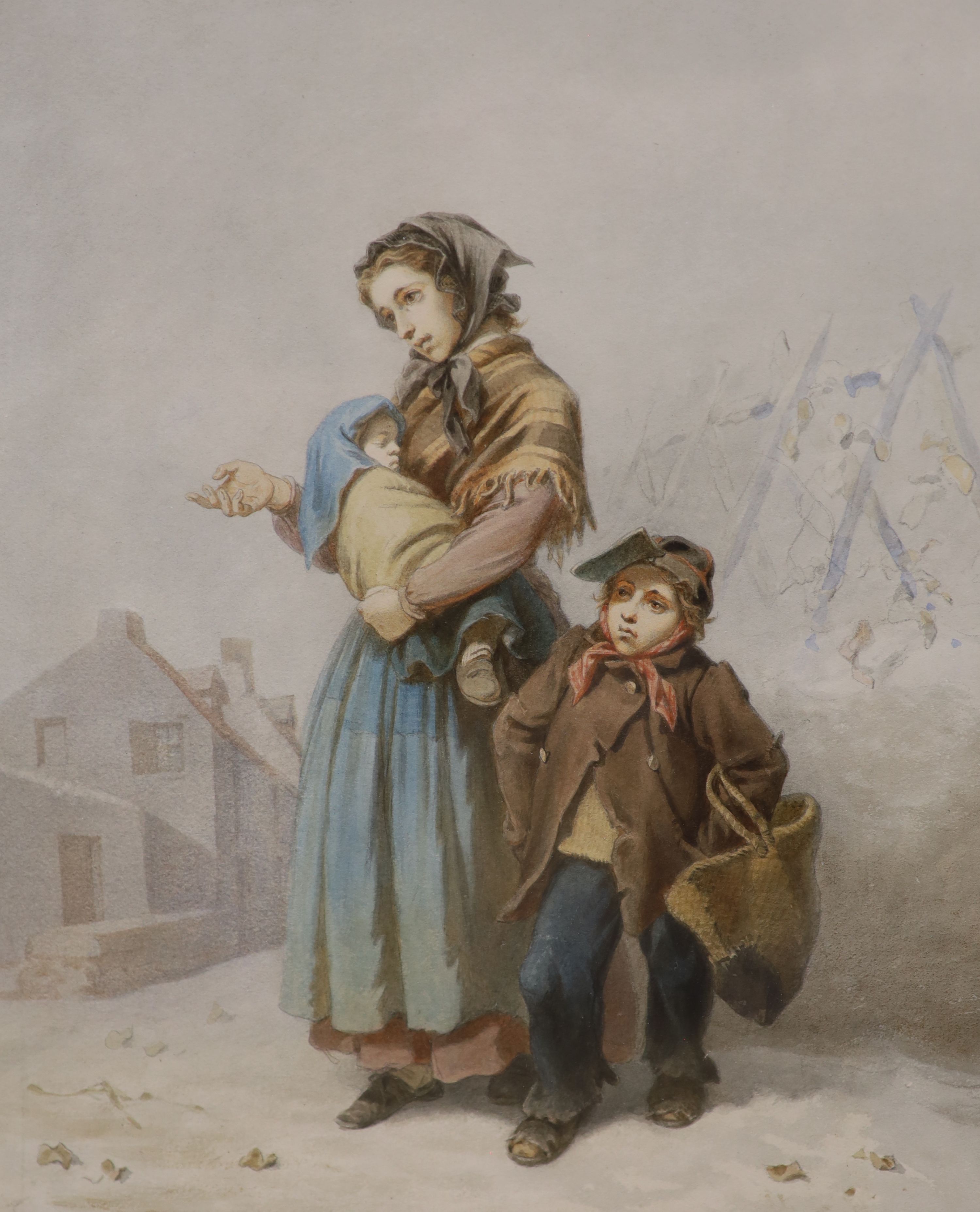 J. Marohn (19th C.), watercolour, Mother and children in winter, signed and dated '64, 30 x 23cm
